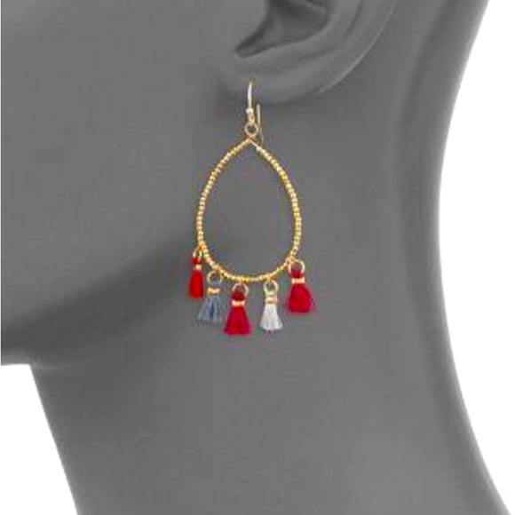 Boho Gold Beaded Hoop Drop Statement Earrings Red & Grey Fringe Tassels - Picture 7 of 11
